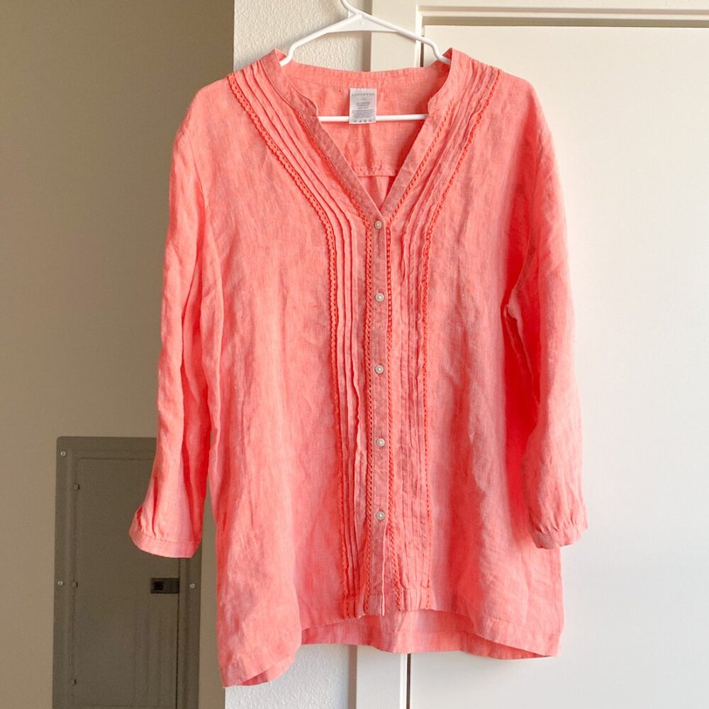 Lands' End 100% Linen Button Down Top in Salmon Size L Beach Resort Contemporary